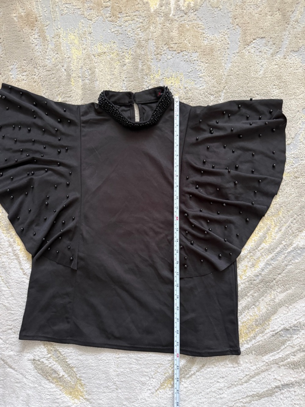 Beaded Mock Neck Black Flutter Sleeve Blouse